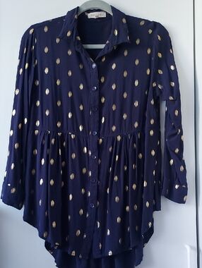 Solitaire Navy Blue Button-Up Blouse with Gold Dot Accent